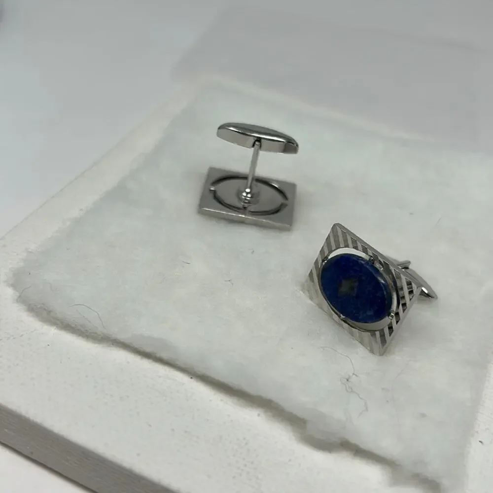 Lapis Blue Stone Set in a Silver Setting Men's Cuff Links
